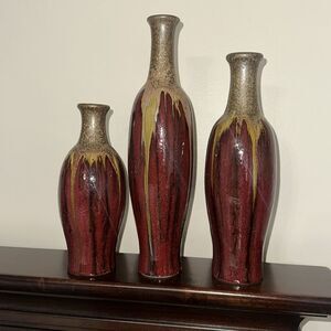 Decorative Vase Burgundy Gold Green Tan Black Streaky Painted set of 3 matching